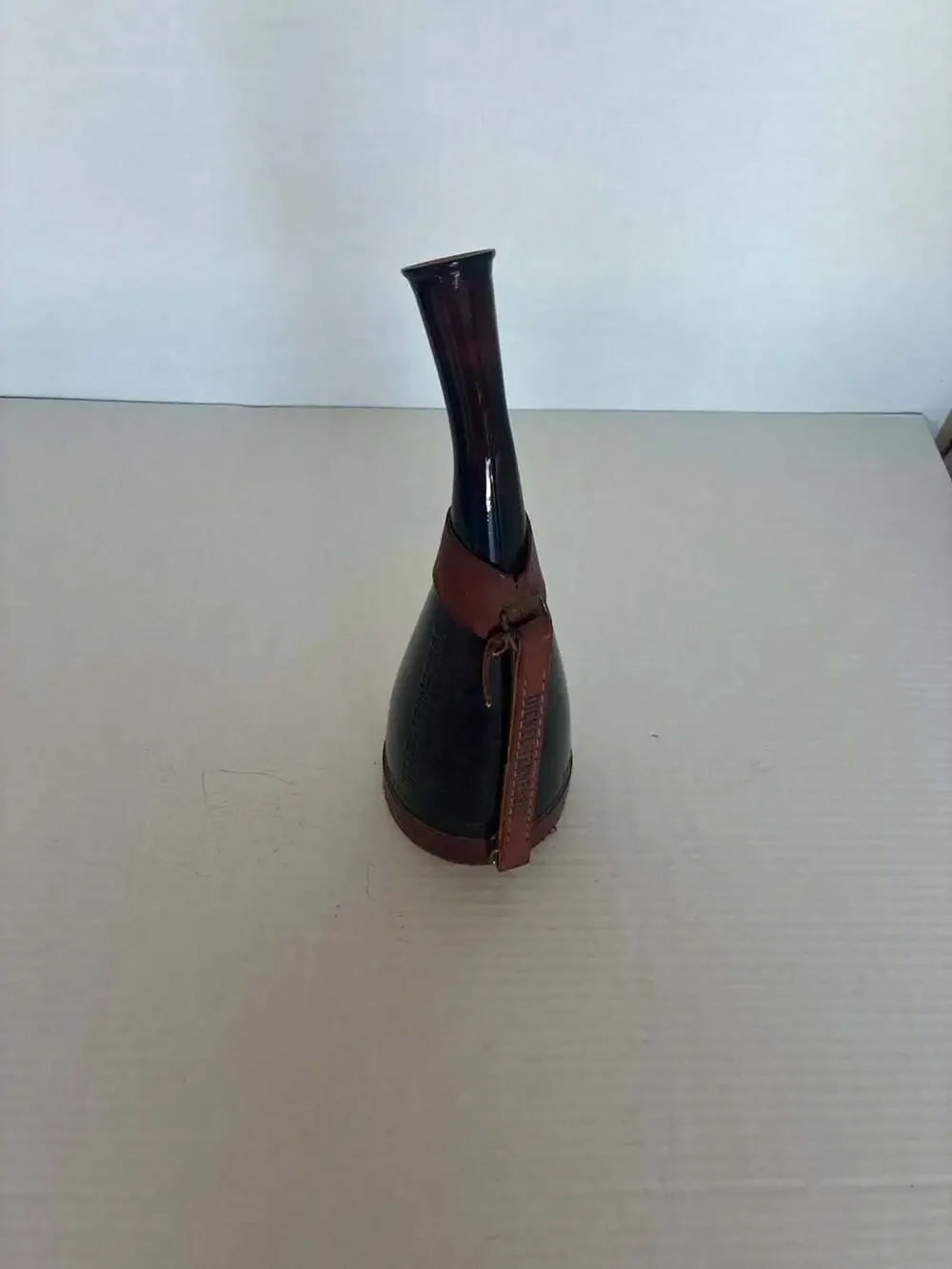 Vintage George Dickel Tennessee Whiskey Amber Glass Powder with Leather Harness